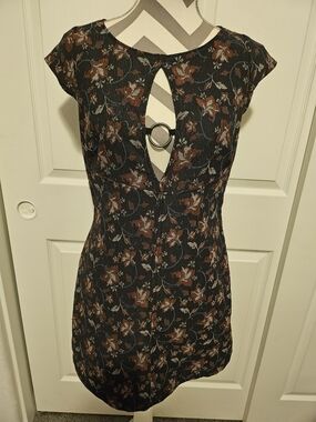 Free People Floral Ring-Front Mini Dress in Black and Brown